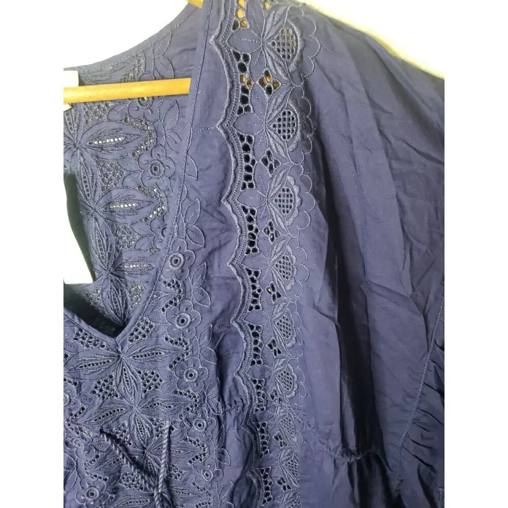J Crew Re-imagined Blue Embroidered Floral Caftan Cover Up Tunic Top MEDIUM